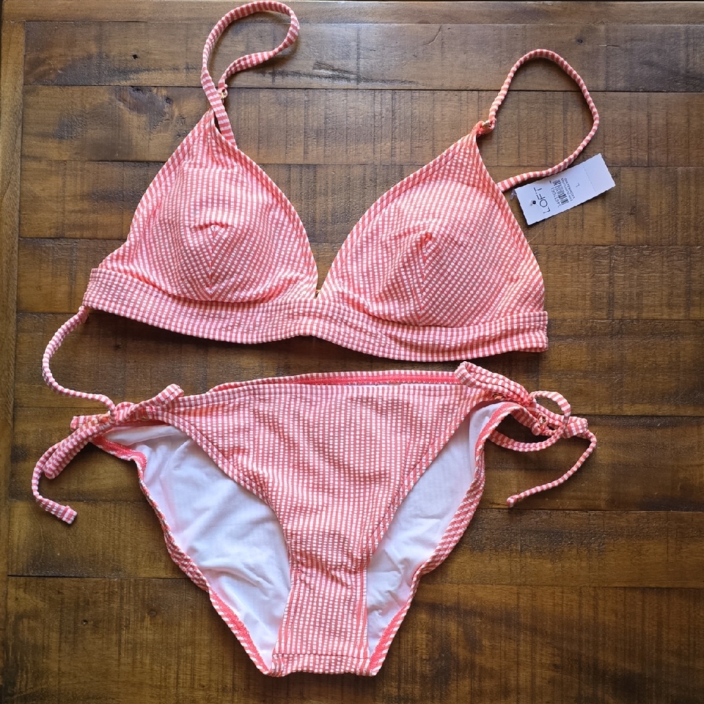 LOFT Coral and White Striped Bikini Size Large ⭐️NWT⭐️